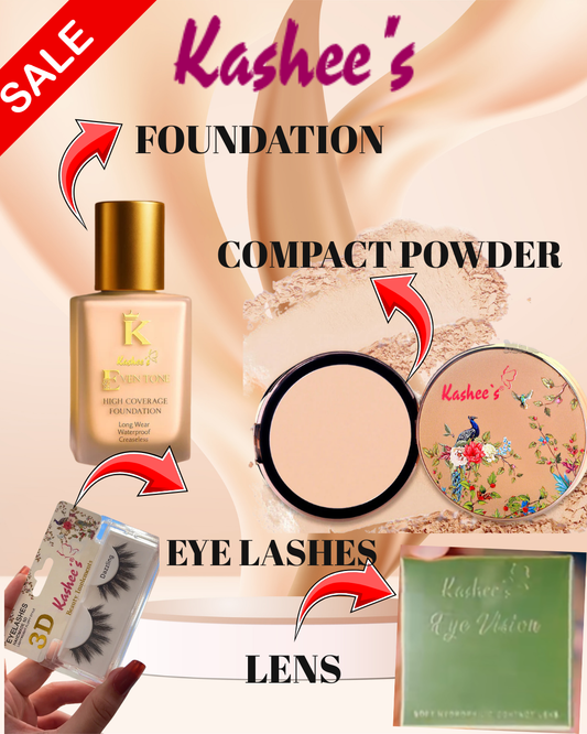 Foundation + compact powder + eye lashes+ Lens (Pack of 4)